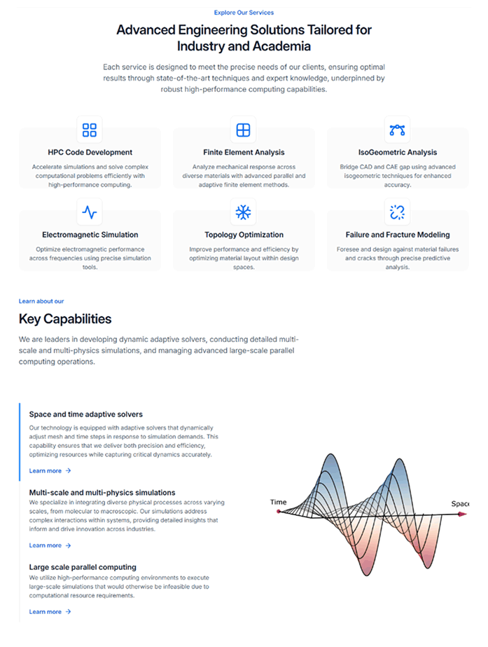 We highlighted Avkalan’s cutting-edge work across AI-native simulation tools, advanced material modeling, and computational design. Interactive layouts and purposeful hierarchy were used to communicate their core innovations without overwhelming the user.