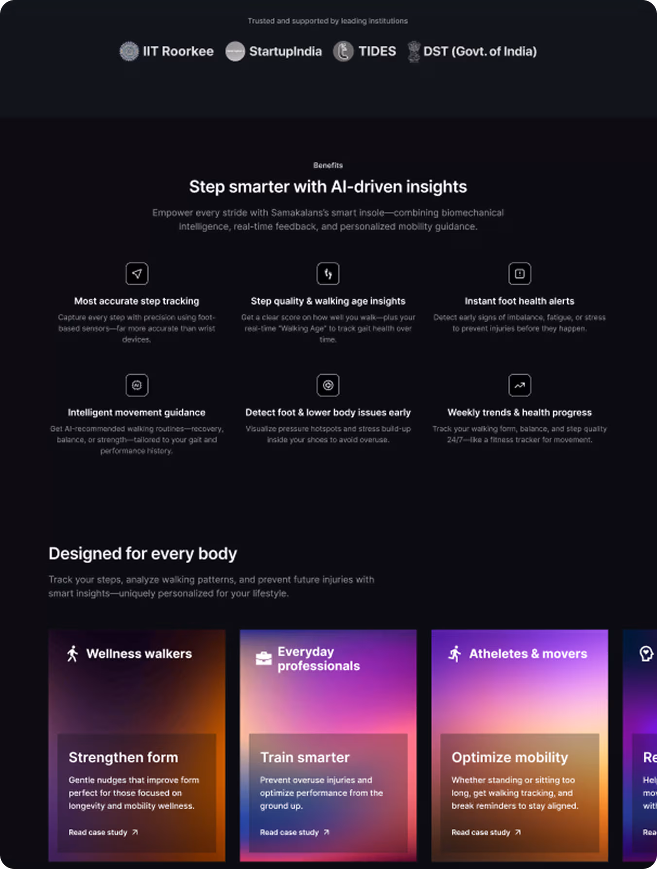 A responsive web experience to introduce eigensole, the smart insole by Samakalan Labs. The site uses high-fidelity 3D models and interactive Three.js elements to showcase its embedded sensor tech and functionality.